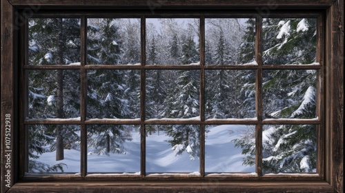 Serene Snowy Winter Landscape Viewed Through Large Rustic Wooden Window with Clear Panes