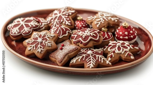 A plate of decorated Christmas cookies in festive shapes, isolated on white background