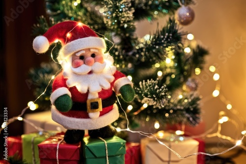 A Santa Claus figurine under a Christmas tree with string lights.