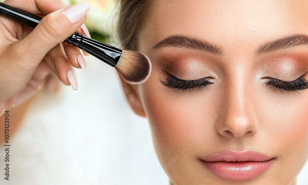 A close-up view of a woman applying makeup, on another woman, specifically focusing on her eyelid and eyelashes with a gold-colored makeup brush A close-up view of a woman applying makeup, on another woman, specifically focusing on her eyelid and eyelashes with a gold-colored makeup brush