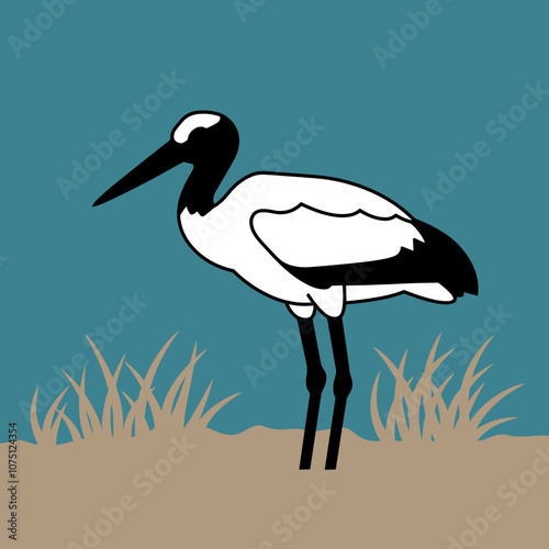 Stylized illustration of a stork standing among grass against a blue background