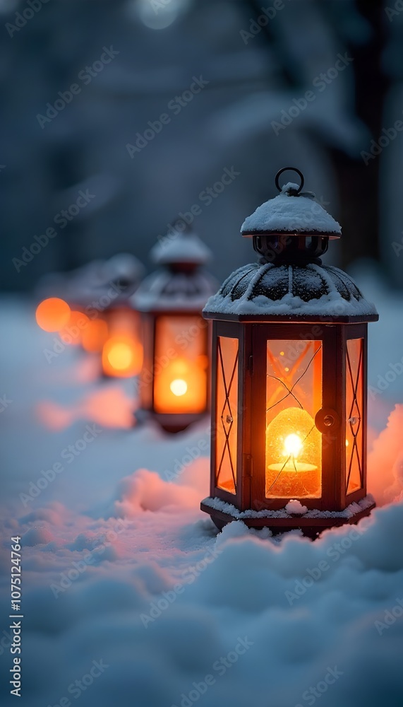 Enchanting Winter Lanterns with Warm Glow Amid Serene Snow Covered Scenery Enchanting Winter Lanterns with Warm Glow Amid Serene Snow Covered Scenery