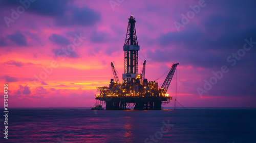 Offshore Oil Rig at Sunset, drilling platform, oil platform, dusk, twilight, sky