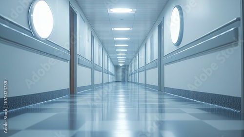 Empty Hospital Corridor with Bright Lights and Clean Floors