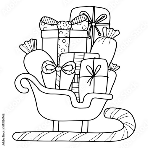 Coloring book Santa sleigh hand drawn. Christmas gift boxes. Happy holiday. Festive joy. December event. Vector outline art illustration. Page for kids and adults.