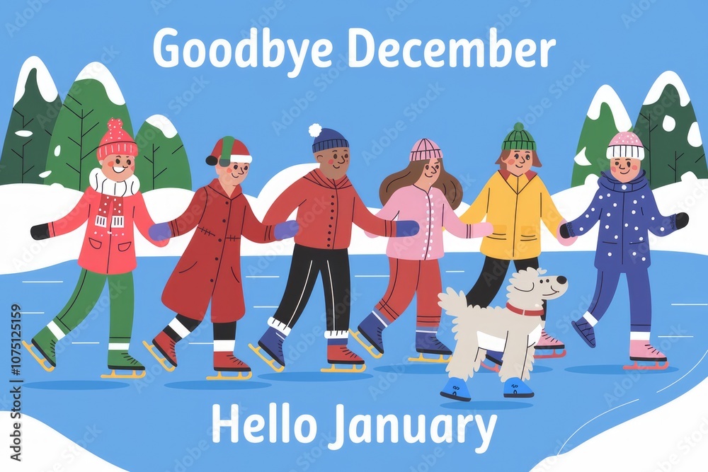 Fototapeta premium Friends ice skating saying goodbye to December hello January.