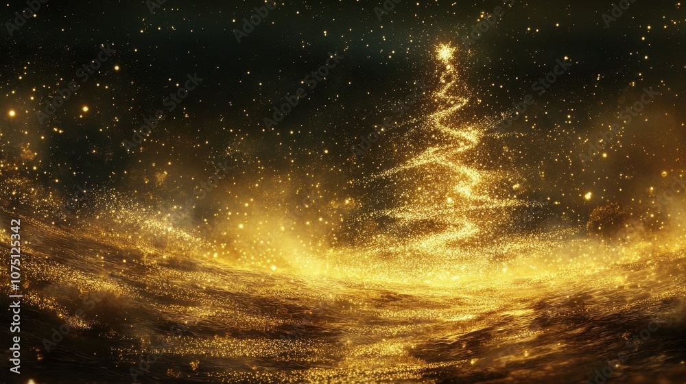 Golden Glitter Forming a Christmas Tree Shape with Festive Bokeh Lights Golden Glitter Forming a Christmas Tree Shape with Festive Bokeh Lights