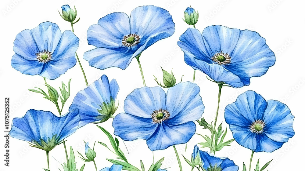 Fototapeta premium Watercolor Blue Flowers Bouquet, floral, blossom, bloom, petals, green
