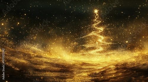 Golden Glitter Forming a Christmas Tree Shape with Festive Bokeh Lights