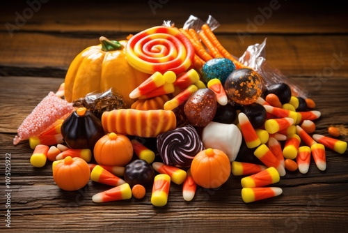 A colorful assortment of Halloween candies including gummy worms, candy corn, chocolate-covered treats, and lollipops, beautifully arranged on a rustic wooden surface photo