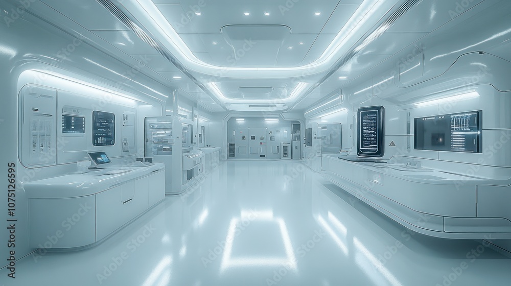 Futuristic laboratory interior with sleek, white surfaces and lighting. Futuristic laboratory interior with sleek, white surfaces and lighting.