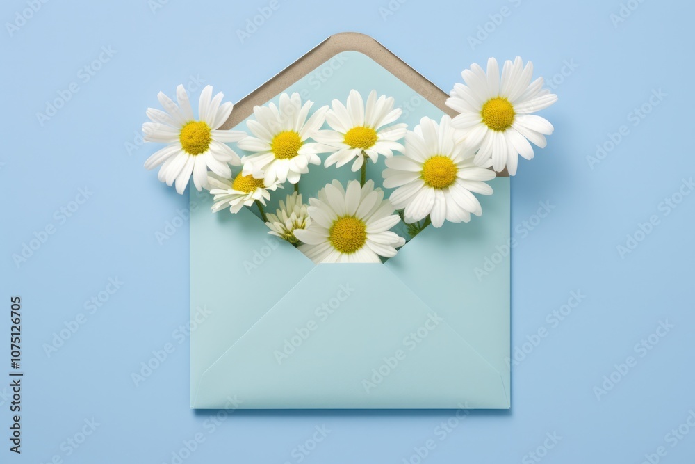 Obraz premium A delightful arrangement showcasing spring chamomile flowers within a cheerful blue envelope, positioned on a gentle pastel blue background. 