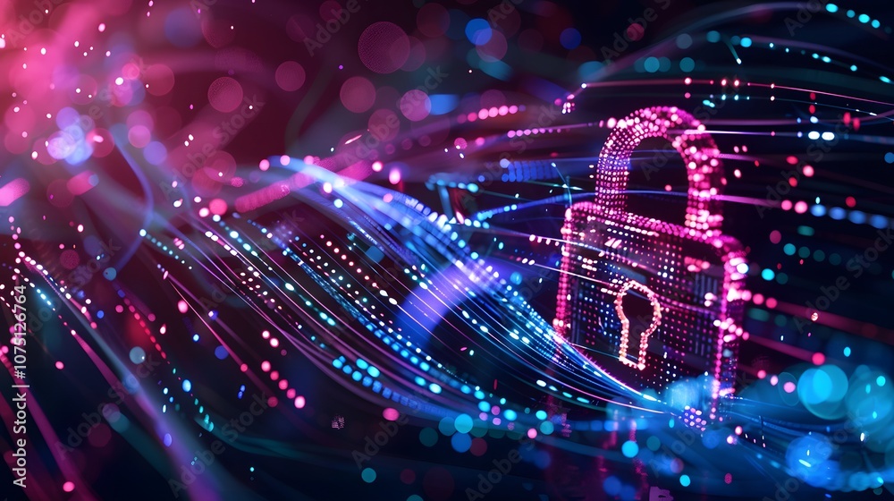 Obraz premium A key is shown on a blue background with a purple border. The key is surrounded by a lot of dots, giving the impression of a swirling, chaotic pattern. Concept of mystery and intrigue
