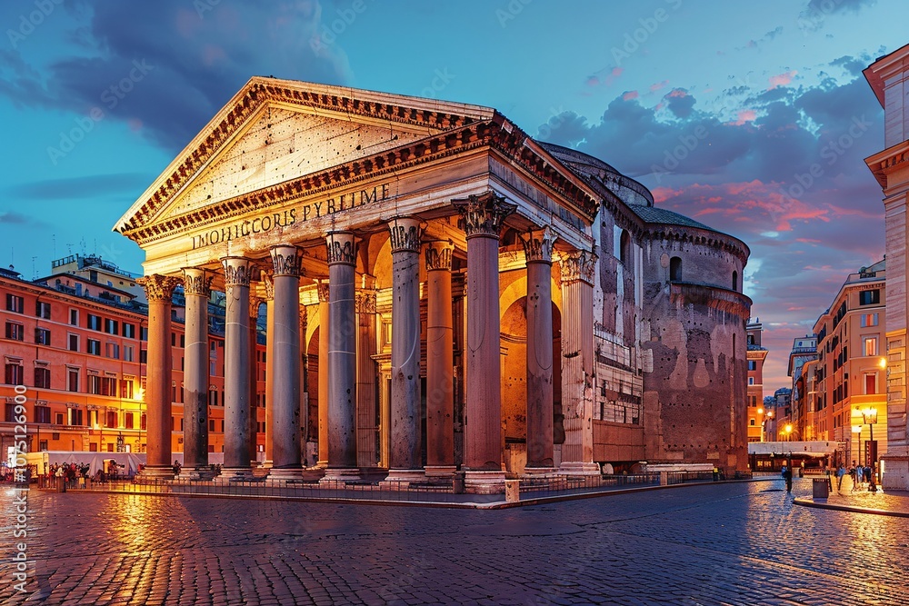 Naklejka premium The Pantheon stands majestically in Rome as dusk approaches, its columns warmly lit against the evening sky. Visitors admire the ancient architecture and captivating surroundings