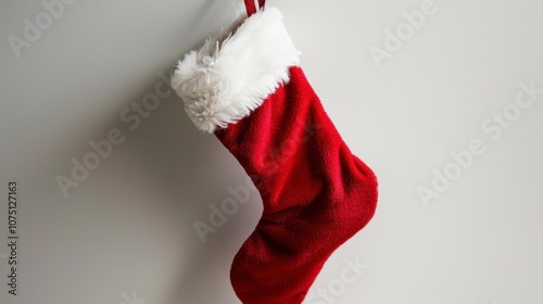 A red Christmas stocking with white fur trim, hanging from a hook, isolated on white
