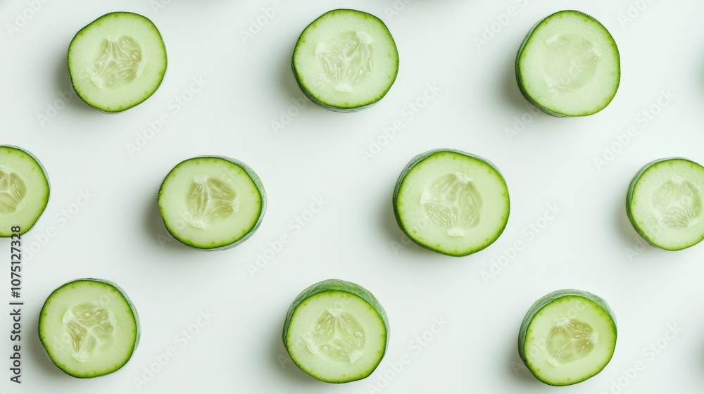 Fresh cucumber slices on water with white background Fresh cucumber slices on water with white background