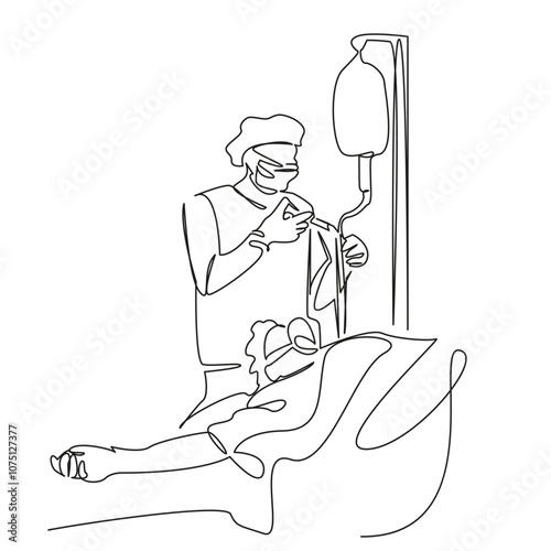 One continuous single drawing line art flat doodle doctor, hospital, patient, surgery, person, surgeon, nurse, adult, anaesthesia, horizontal. Isolated image hand draw contour on a white background, h