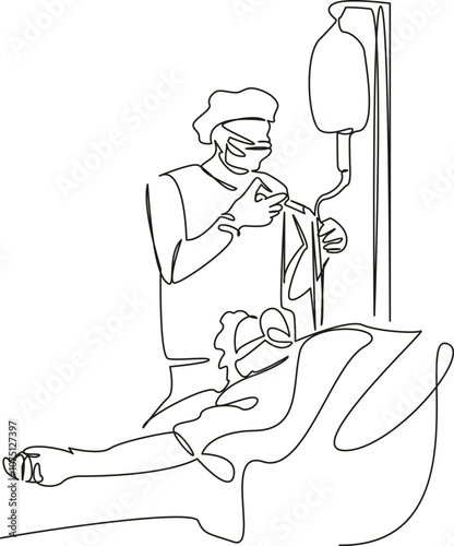 One continuous single drawing line art flat doodle doctor, hospital, patient, surgery, person, surgeon, nurse, adult, anaesthesia, horizontal. Isolated image hand draw contour on a white background, h
