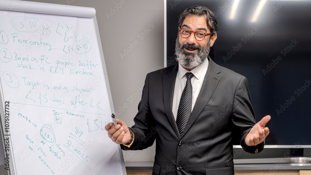 A middle-aged, bearded businessman in a suit is in a conference room in his office, holding a whiteboard marker in front of a whiteboard while happily explaining something to his employees A middle-aged, bearded businessman in a suit is in a conference room in his office, holding a whiteboard marker in front of a whiteboard while happily explaining something to his employees