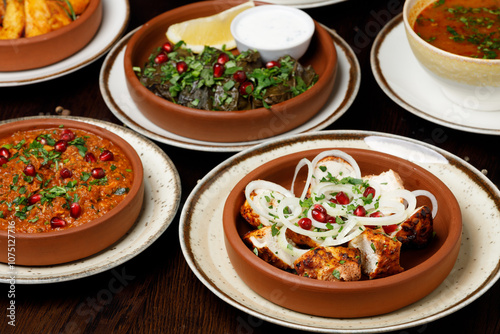 Assorted traditional Georgian cuisine on a black wooden table