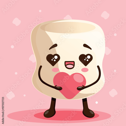 Cute loving marshmallow holds a red heart in his hands. Character design for Valentine's Day. Marshmallow vector on isolated pink background