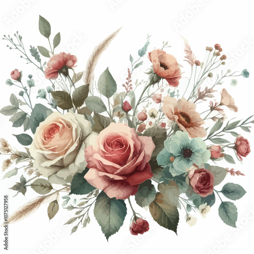 Vintage-style boho watercolor floral with roses, wildflowers, and faded green leaves vector