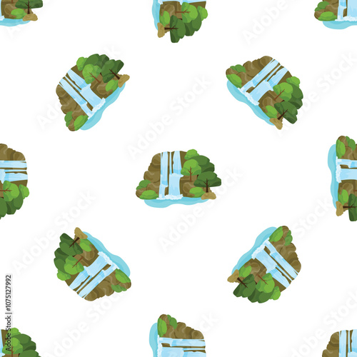 Seamless pattern of waterfall flowing over rocks and lush green trees, perfect for nature themed projects