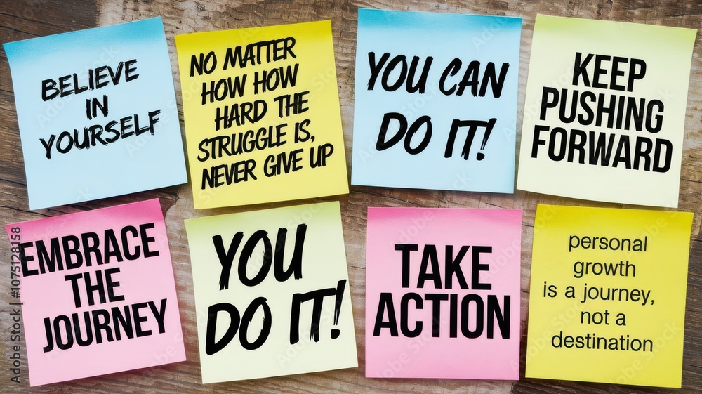Obraz premium Inspiring sticky notes with motivational quotes to encourage positivity and personal growth in everyday life.