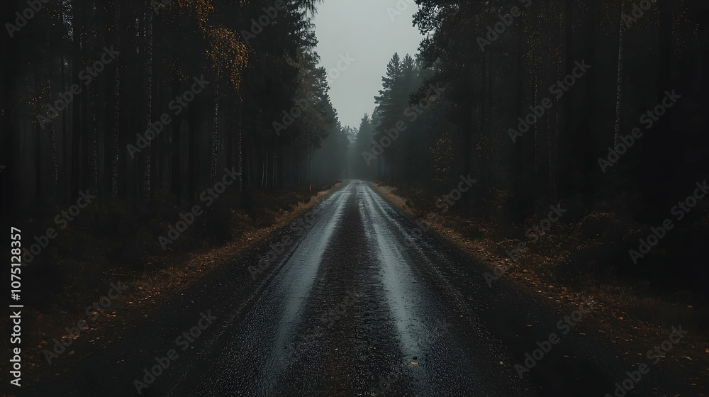 Wet Road in a Dark Forest, Trees, Path, Driveway, Fog, Mist Wet Road in a Dark Forest, Trees, Path, Driveway, Fog, Mist