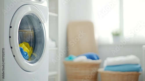 Efficient Laundry Solutions Vibrant Colors Swirling in a Stackable Washer-Dryer Set in a Cozy Laundry Nook - Organized Laundry Space with Baskets and Ironing Board for Everyday Cho photo