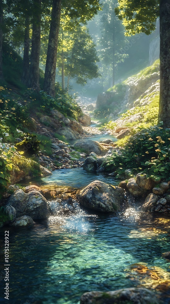 Fototapeta premium Tranquil Stream in a Lush Forest