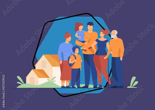 Big family meeting. Couple with senior parents and two kids standing together at suburban house. Vector illustration for love, togetherness, lifestyle concept
