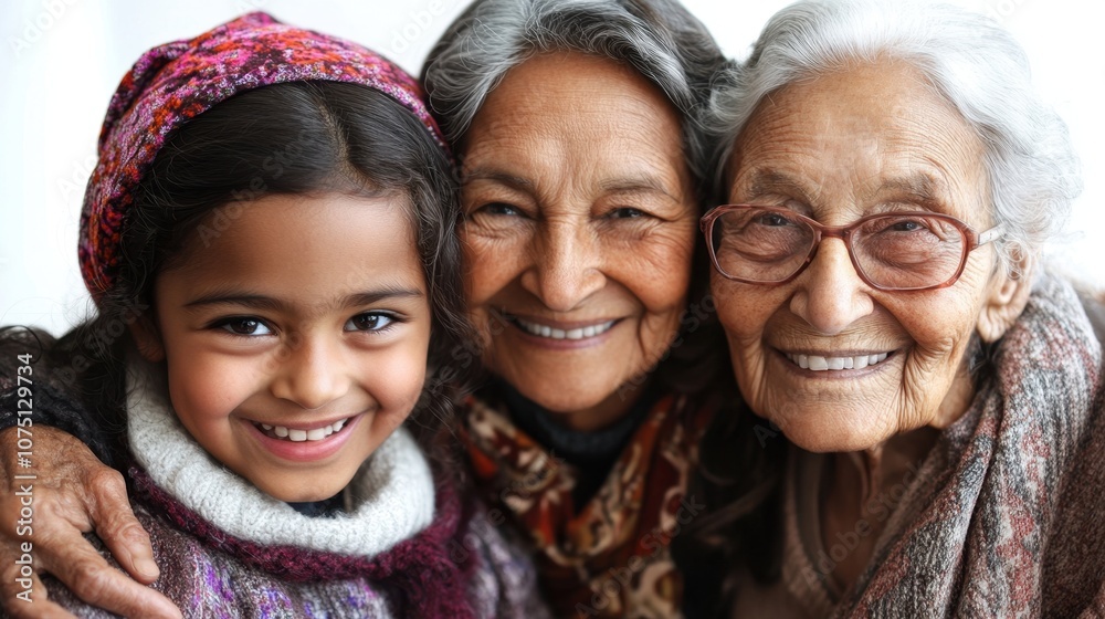 Three generations of joy and connection with a smiling girl and two elderly women in a warm embrace showcasing love and family togetherness Three generations of joy and connection with a smiling girl and two elderly women in a warm embrace showcasing love and family togetherness
