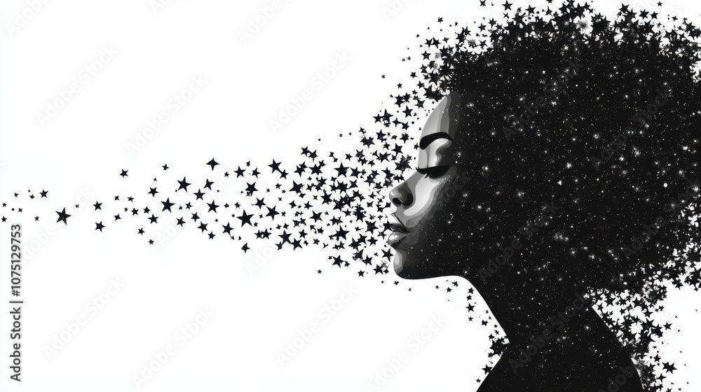 A young woman's silhouette breathes stars into the night sky, blending artistry and imagination into a cosmic dreamscape A young woman's silhouette breathes stars into the night sky, blending artistry and imagination into a cosmic dreamscape