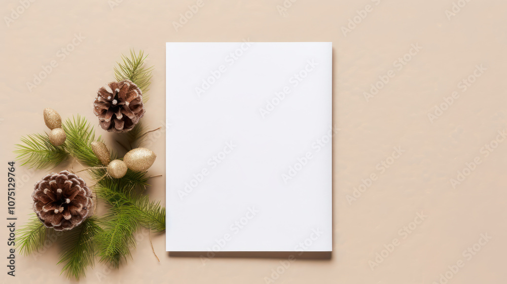 Festive Holiday Frame with Blank Card, Pine Cones, and Golden Ornaments. Christmas Mockup. Greeting Card with Empty Space for Text, Design Festive Holiday Frame with Blank Card, Pine Cones, and Golden Ornaments. Christmas Mockup. Greeting Card with Empty Space for Text, Design