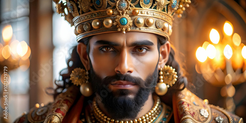 Detailed close-up portrait of Reyes Magos adorned with festive makeup, enhancing regal appearance and festive spirit, ideal for magazine advertisements or banners with text space.