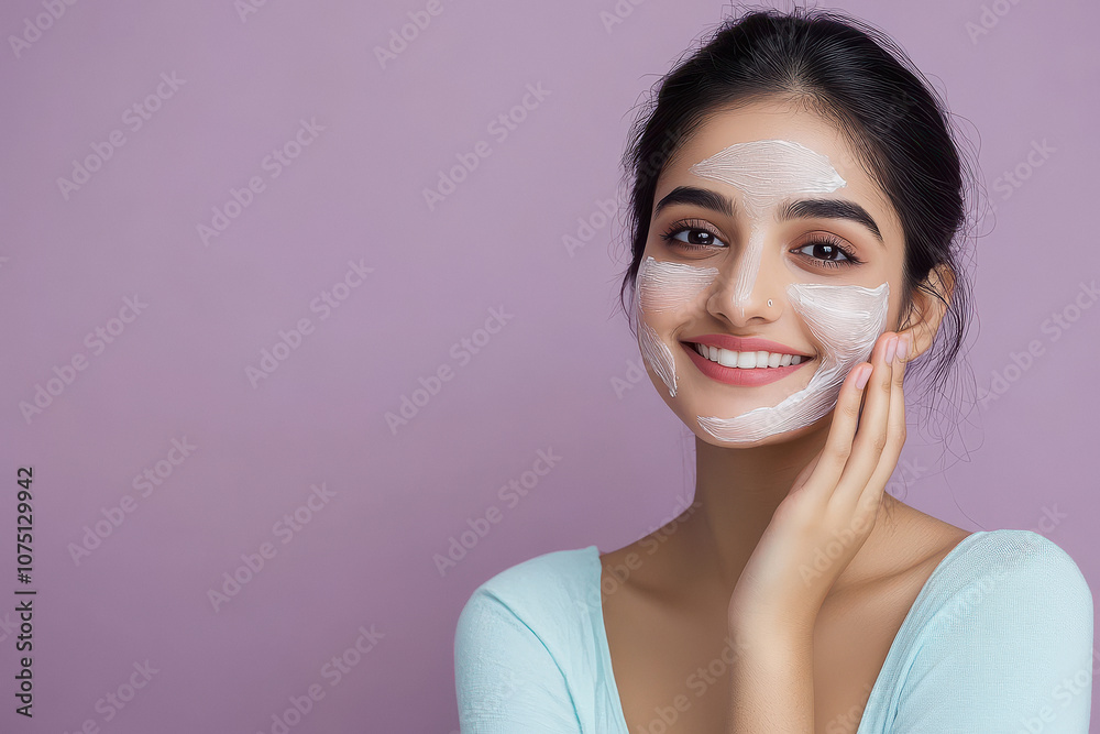 Beautiful young Indian woman with glowing skin is smiling and applying a facial mask on her face. Beautiful young Indian woman with glowing skin is smiling and applying a facial mask on her face.