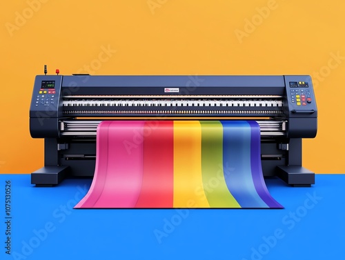A large format printer printing a colorful rainbow banner on a blue and orange background.