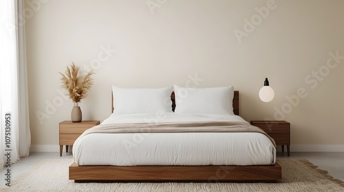 Serene Minimal Bedroom with Warm Wooden Bed and Soft Neutral Tones