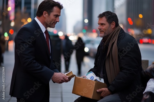 A businessman lends a helping hand to a person in need on a busy city street, offering a box of goods and demonstrating compassion and human kindness in action. photo