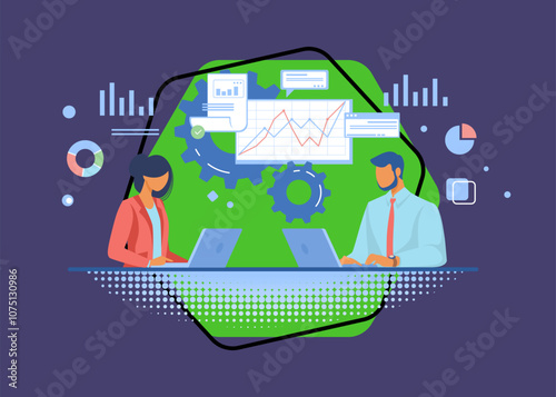 Couple of professionals analyzing graphs. Business people using laptops flat vector illustration. Business, analysis, marketing concept for banner, website design or landing web page