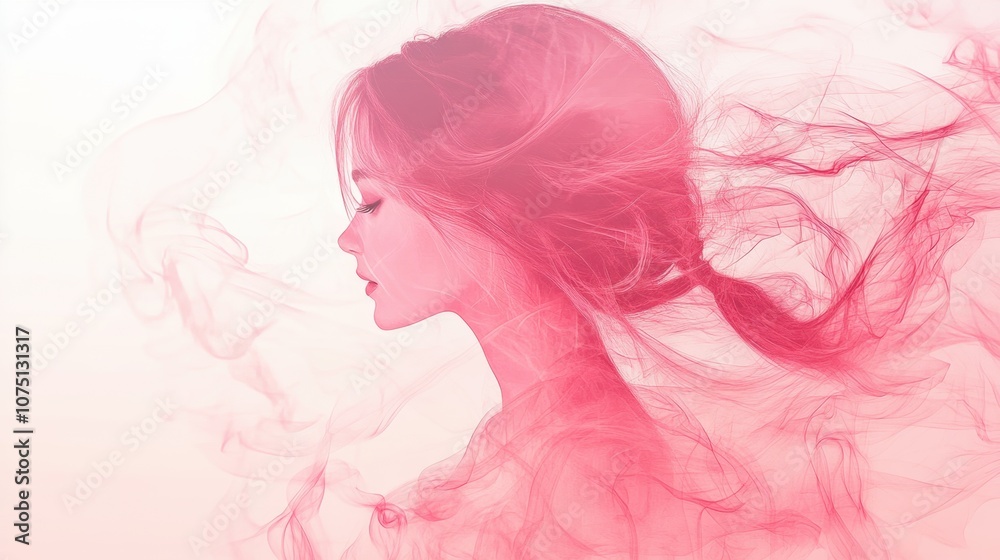 A graceful silhouette of a woman surrounded by soft, pink smoke, capturing a moment of ethereal beauty and serenity during dusk