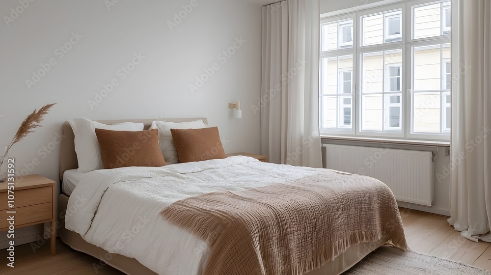 Fototapeta premium Cozy and Tranquil Minimalist Bedroom with Natural Light and Neutral Tones