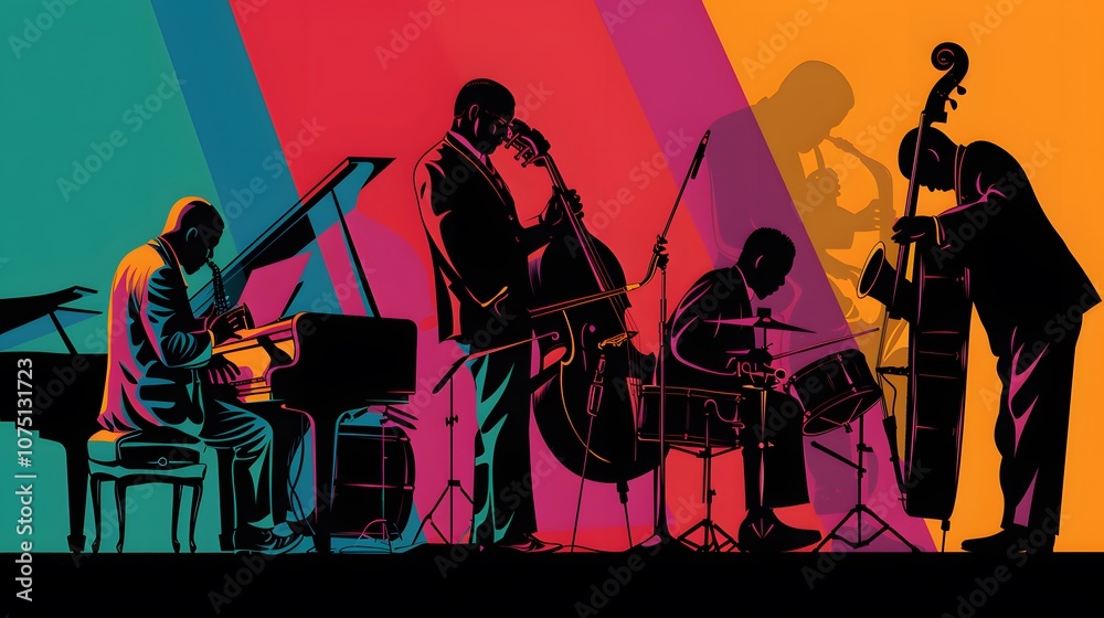 Fototapeta premium A colorful painting of a woman playing the violin. The painting is vibrant and full of life, with the woman's dress and the violin adding to the overall sense of energy and movement
