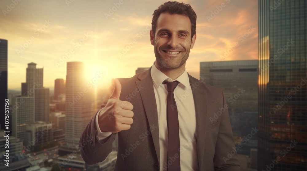 A middle-aged man in business attire stands outdoors, surrounded by city skyscrapers, confidently raising his thumb in approval. The sun is setting in the background A middle-aged man in business attire stands outdoors, surrounded by city skyscrapers, confidently raising his thumb in approval. The sun is setting in the background