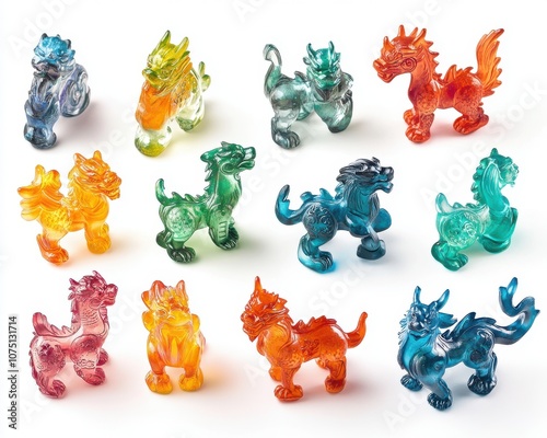 Colorful, transparent dragon figurines made of plastic, showcasing creativity and craftsmanship. photo