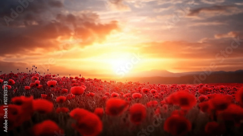 Golden hour glow over valley filled with red poppies, creating serene atmosphere