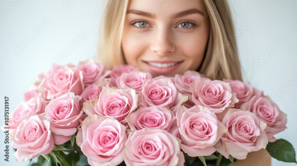 A joyful woman beams while holding a beautiful bouquet of soft pink roses against a clean, bright background A joyful woman beams while holding a beautiful bouquet of soft pink roses against a clean, bright background