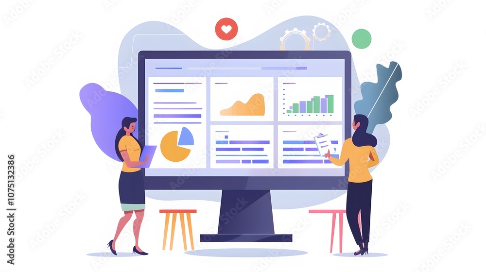 Two women are standing in front of a computer monitor with a graph on it. They are looking at the graph and discussing it Two women are standing in front of a computer monitor with a graph on it. They are looking at the graph and discussing it