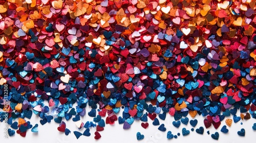 Colorful heart-shaped confetti spread across a white surface, creating a vibrant and festive atmosphere for celebrations and events